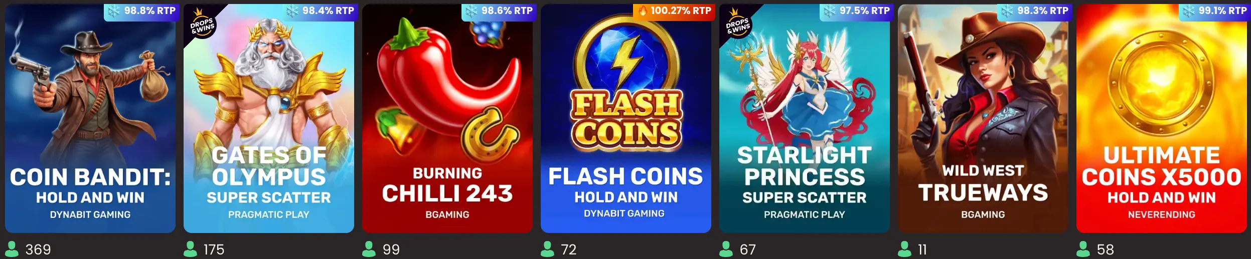 Tarjetas de juego con valores RTP en directo y número actual de jugadores