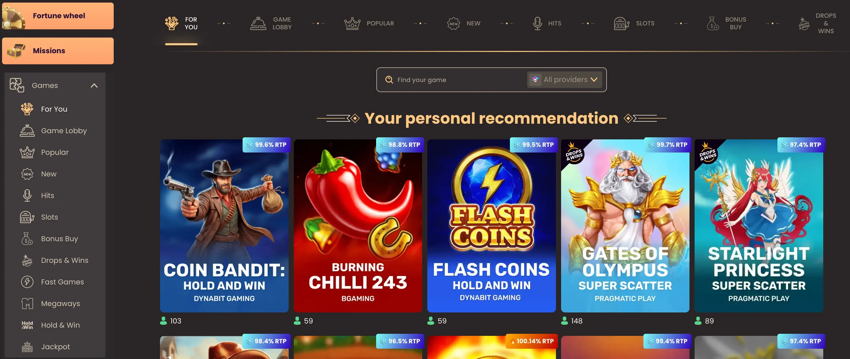 Lobby de National Casino con categorías, búsqueda, recomendaciones y valores RTP en directo