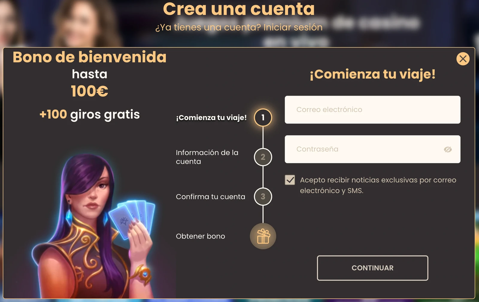 Formulario de registro con el bono de bienvenida y los pasos para crear una cuenta